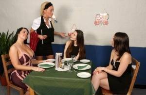 Girls lunch break turns into CFNM mealtime encounter in hot reverse gangbang on ladyda.com