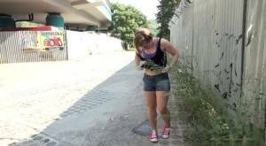 White girl pulls down her panties before squatting for a piss on country road on ladyda.com