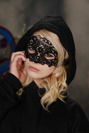 Masked blonde teen Aubrey Gold posing perfectly toned body in lingerie on ladyda.com