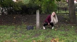 Dirty blonde female can't hold her pee any longer and pisses in public park on ladyda.com