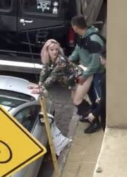 Caught blonde slut getting threesome fucked in an allay on ladyda.com