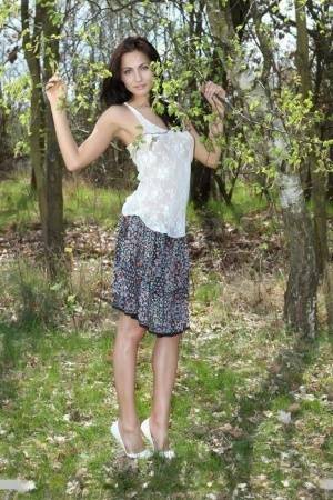 Long legged Michaela Isizzu flashes naked upskirt and poses nude in the forest on ladyda.com