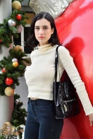 Brunette chick Giulia flashes her tits in public before masturbating at home on ladyda.com
