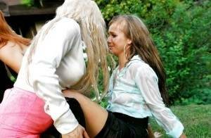 Lusty european sluts have some fully clothed pissing fun with a inky lad on ladyda.com