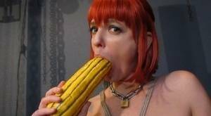 Kinky pierced BDSM slut Abigail Dupree pisses in carafe & toys ass with gourd on ladyda.com