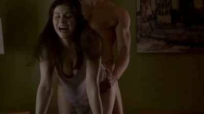 Alexandra Daddario's big tits jiggling as shes fucked on all fours on ladyda.com