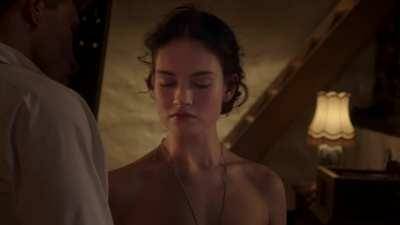 Imagine you get stuck in a mountain hut with Lily James due to a snowstorm and she makes clear she does not intend to spend the time reading books. How will she get fucked through the days you are stuck there? on ladyda.com