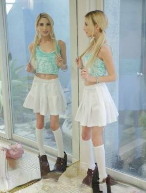 Sweet blonde girl Piper Perri removes her white pretties and skirt on ladyda.com